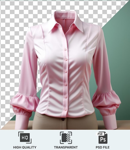 high quality transparent psd a woman wearing a pink shirt and tan brown pants standing in front of a green wall the shirt has a pink collar and button and the