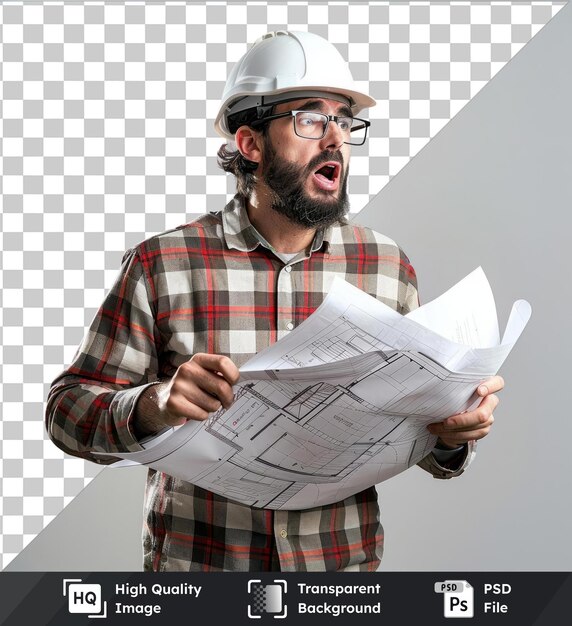 high quality transparent psd young architect man with helmet and holding blueprints having a pain in the heart