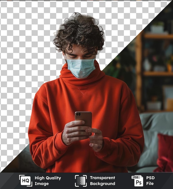 high quality transparent psd young attractive man with curly hair dressed in a red sweatshirt using mobile in living room at home wearing a mask to protect himself from coronavirus new normal concept