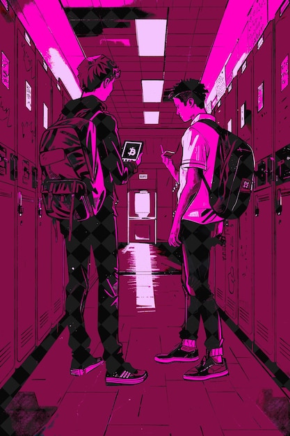 PSD high schoolers trading bitcoin in the hallway bitcoin exchan flat illustration background design