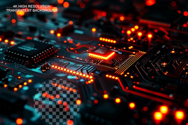 High Tech Circuit Board with Light Effect on Black Background on transparent Background