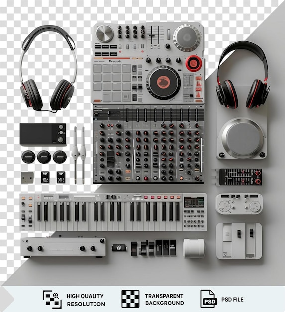 high tech electronic music dj equipment set up on a transparent background featuring black headphones a gray and black headphone and a silver and gray microphone