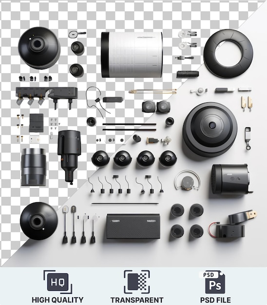 high tech security system components set up on a transparent background