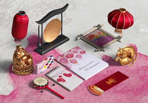 High view chinese new year accessories and notebook