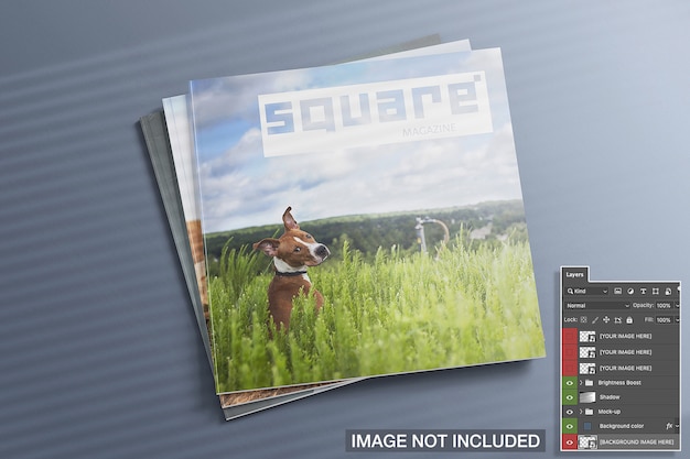 High view of three closed square magazines mockup