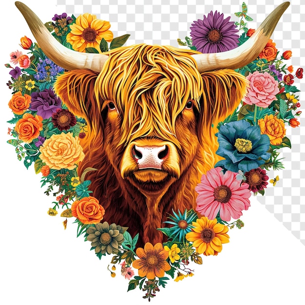 Highland Cow in Floral Heart Clipart with Transparent Background