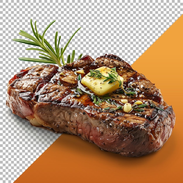 PSD highly realistic advertising photo of a juicy steak with butter isolated on transparent background