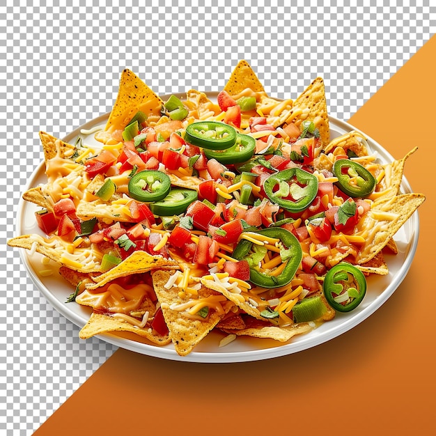 Highly realistic advertising photo nachos with cheese jalapenos isolated on transparent background