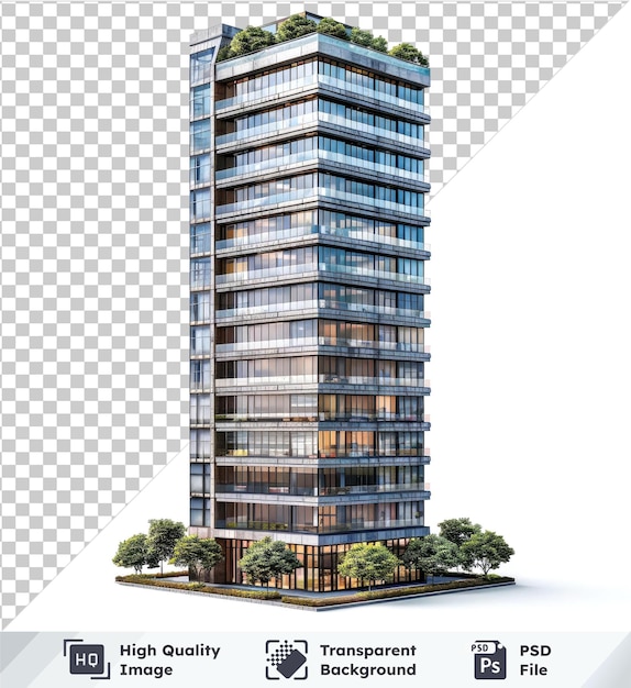 Highquality transparent 3D isometric of a tall building with green trees and white sky