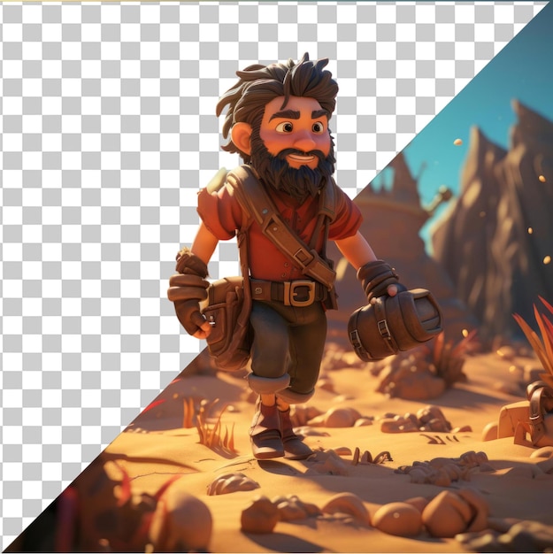 HighQuality Transparent PSD 3D pirate cartoon hunting for hidden treasure on a desert island