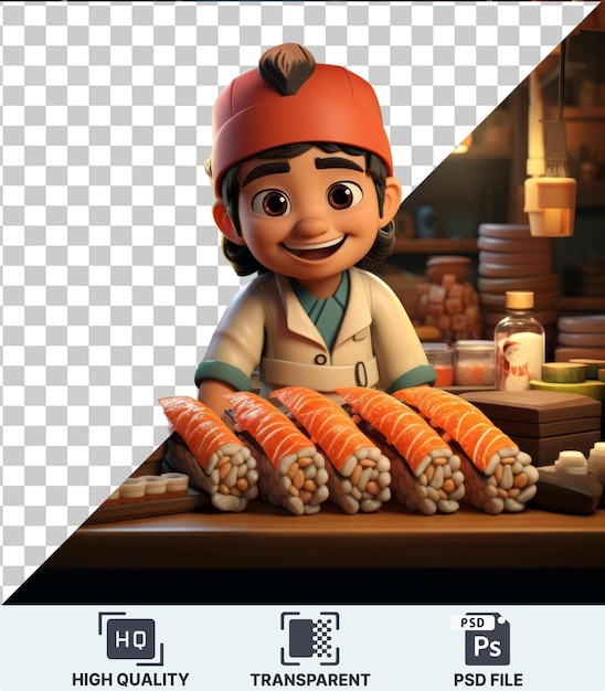 HighQuality Transparent PSD 3D sushi chef cartoon preparing a sushi feast