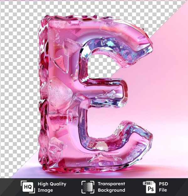 Highquality transparent psd letter E with ice elements on a pink background