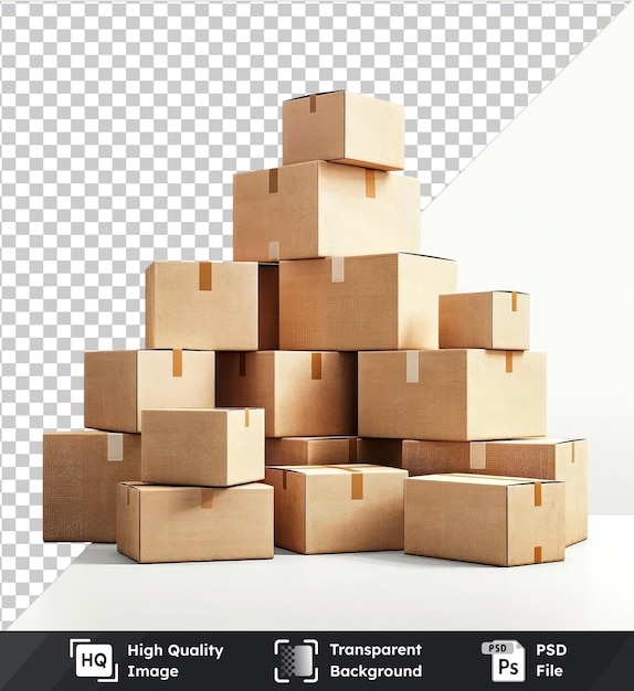 Highquality transparent PSD mockup featuring stacked shipping boxes in various sizes and colors