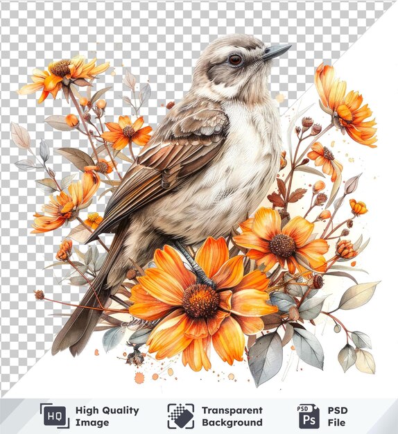 Highquality transparent PSD watercolor illustration of a bird with blue wing black head eye and