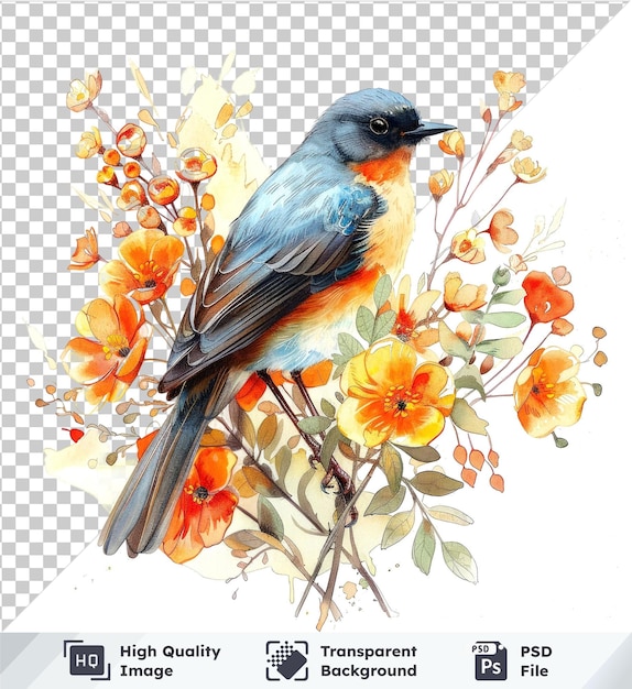 Highquality transparent PSD watercolor illustration of a bird with blue wing black head eye and