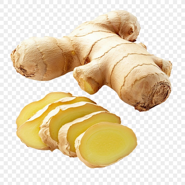 HighResolution Realistic Fresh Ginger Root with Sliced Pieces Isolated on Transparent Background