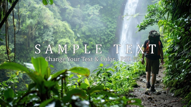 PSD hiker approaching waterfall in lush jungle