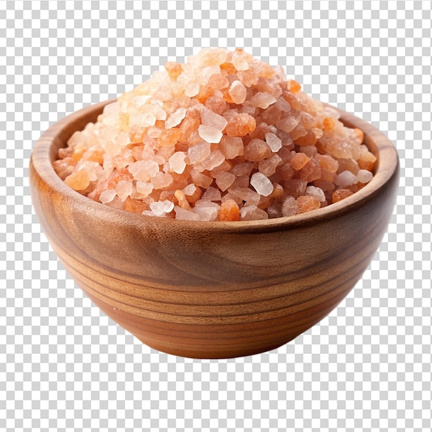 PSD himalayan rock salt in wooden bowl isolated on transparent background