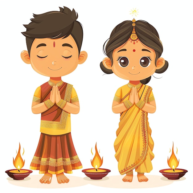 PSD hindu boy and girl in traditional indian outfits praying on diwali indian illustration