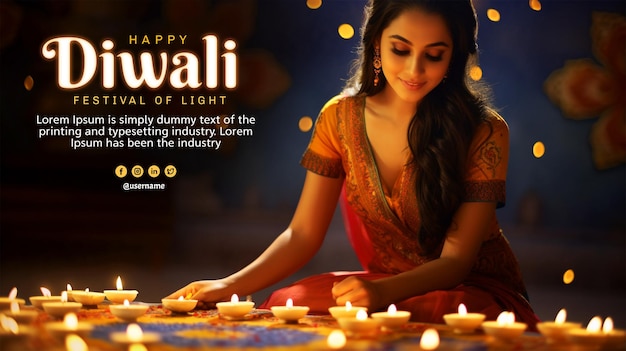 Hindu festival happy diwali poster background with indian woman holding diya oil lamp for the Diwal