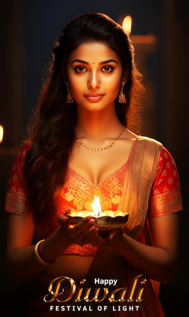 Hindu festival happy diwali poster background with indian woman holding diya oil lamp for the Diwali