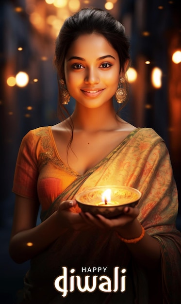 PSD hindu festival happy diwali poster background with indian woman holding diya oil lamp for the diwali