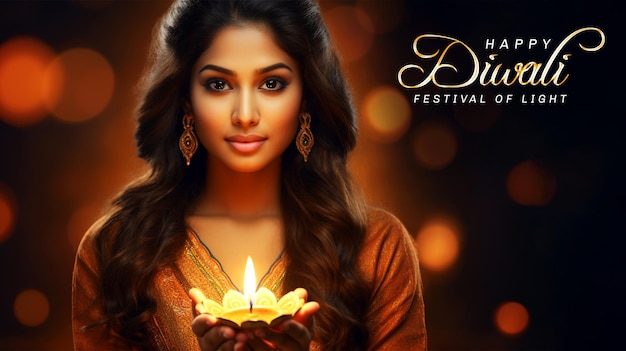 Hindu festival happy diwali poster background with indian woman holding diya oil lamp for the Diwali