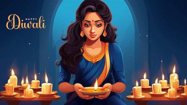 Hindu festival happy diwali poster background with indian woman holding diya oil lamp for the Diwali