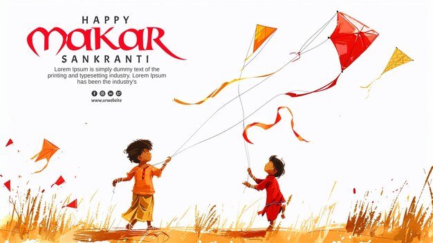 PSD hindu harvest festival holiday makara sankranti or sankranti celebration with children fly kites