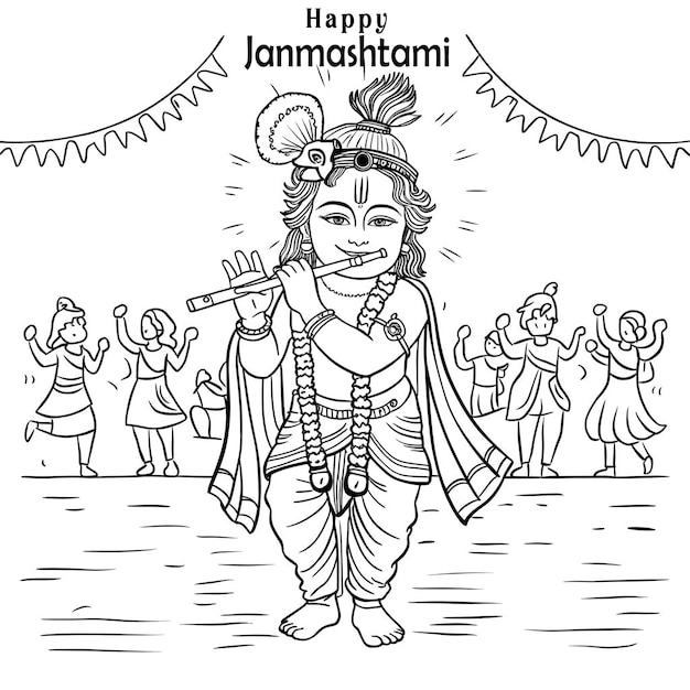 Hindu Lord Krishna playing bansuri flute in Happy Janmashtami festival event background of India