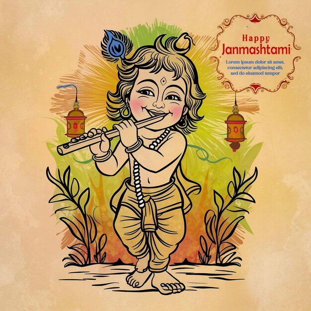 Hindu Lord Krishna playing bansuri flute in Happy Janmashtami festival event background of India