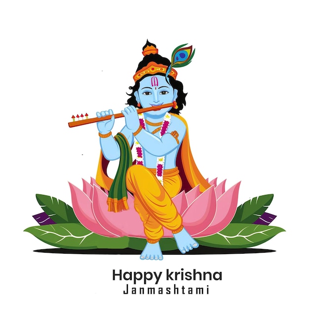 Hindu Lord Krishna playing bansuri flute in Happy Janmashtami festival event background of India