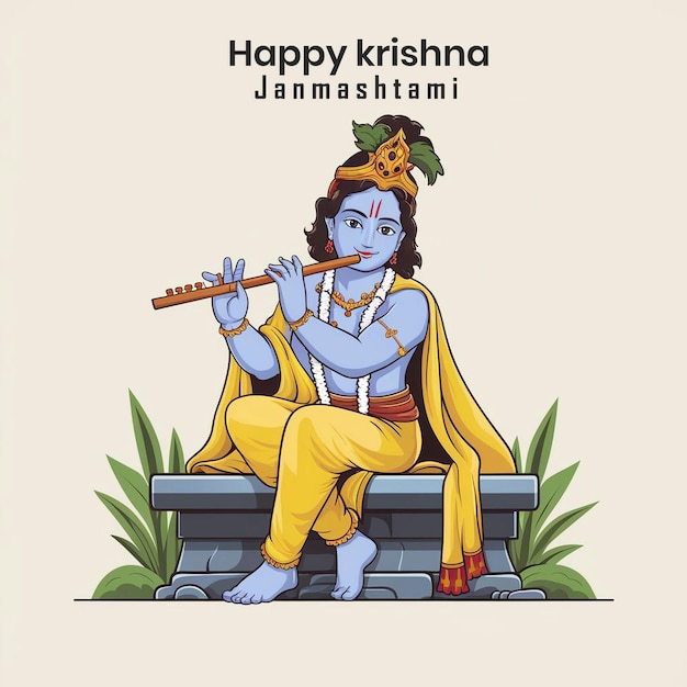 Hindu Lord Krishna playing bansuri flute in Happy Janmashtami festival event background of India