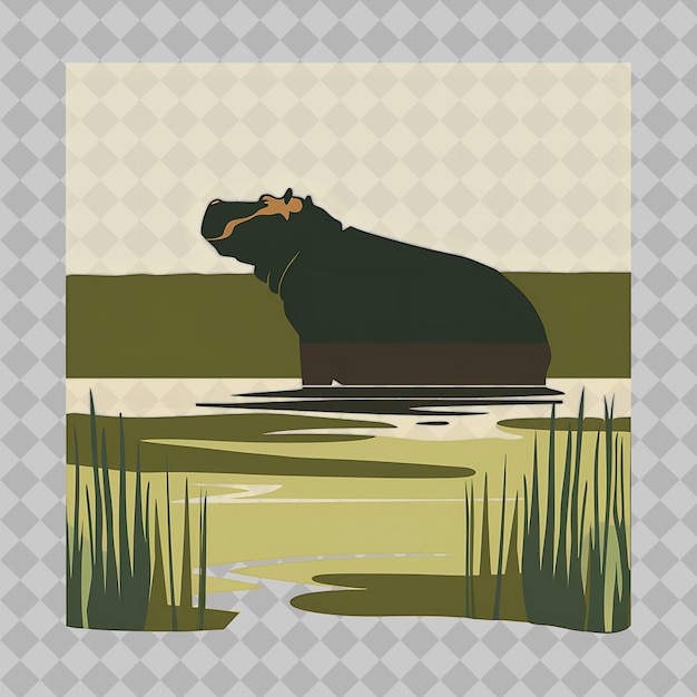 PSD hippopotamus inside a silhouette rectangle wetland adorned w png watercolor wild life collections