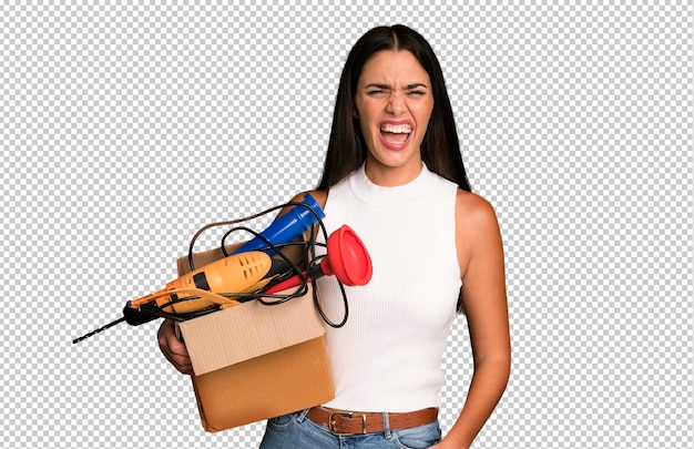 Hispanic pretty young adult and expressive woman with a toolbox handyman concept