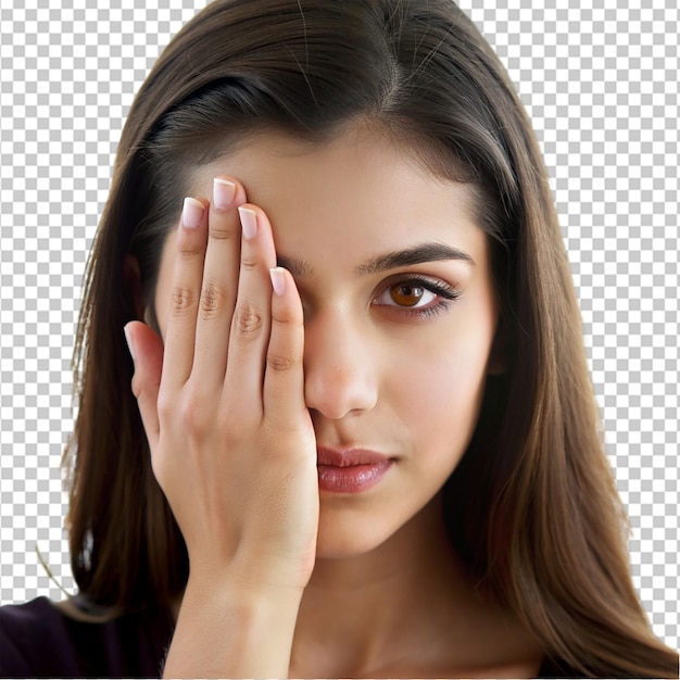 PSD hispanic young woman having fun covering half of face on transparent background