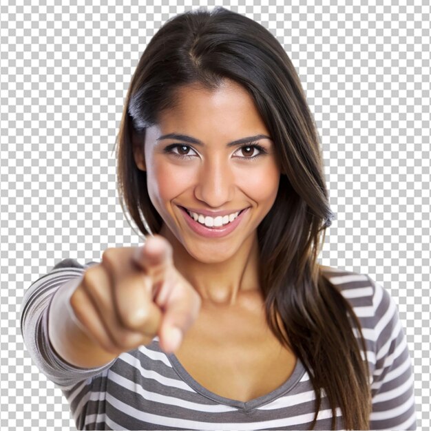 PSD hispanic young woman pointing with finger on transparent background