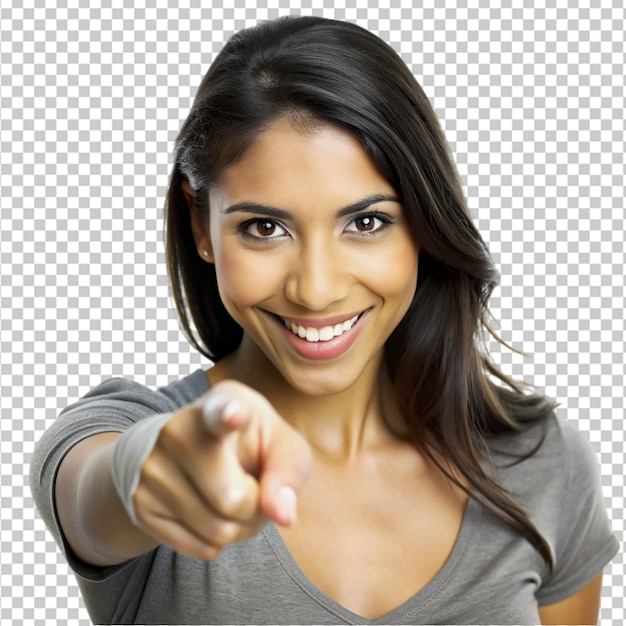 PSD hispanic young woman pointing with finger on transparent background