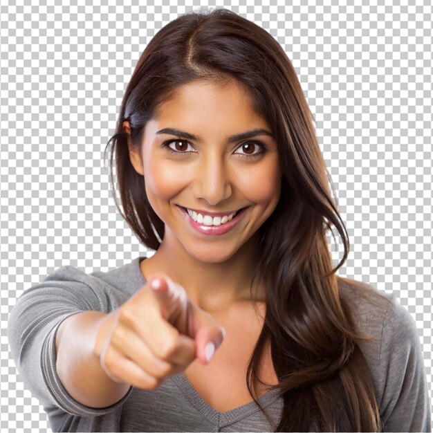 PSD hispanic young woman pointing with finger on transparent background