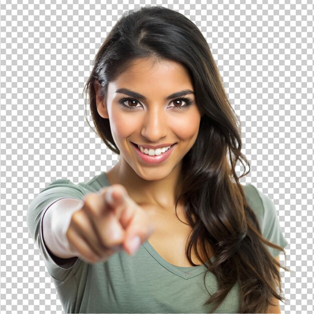 PSD hispanic young woman pointing with finger on transparent background