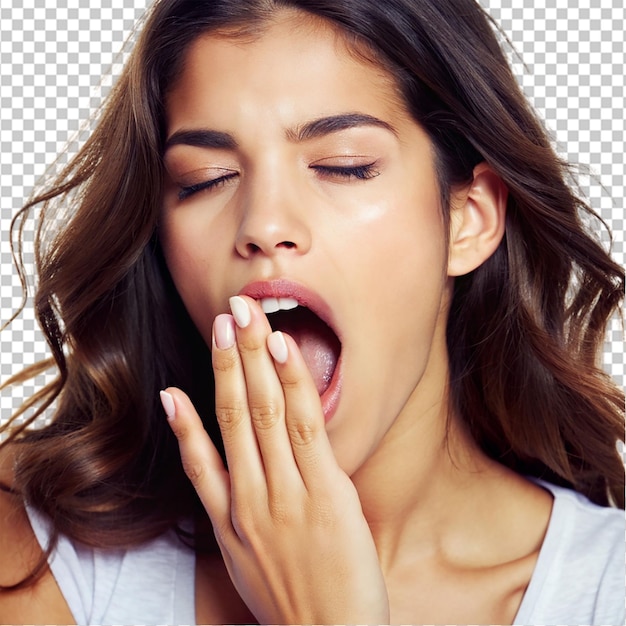 PSD hispanic young woman yawning showing a tired on transparent background