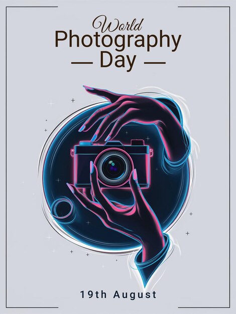 PSD holding a camera on world photography day psd template with editable text