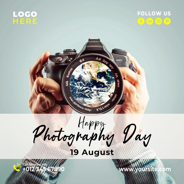 PSD holding a camera on world photography day psd template