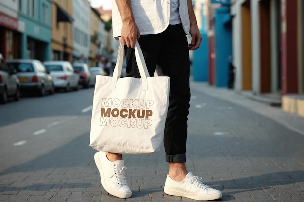 Holding tote bag walking man mockup