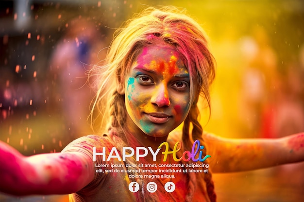 PSD holi banner with text on photo of woman with braids