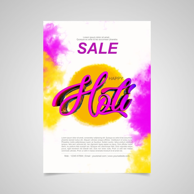 Holi festival 3d rendered A4 Flyer design colourful holi template in white background