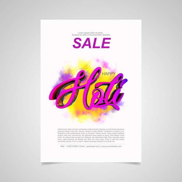 Holi festival 3d rendered A4 Flyer design colourful holi template in white background