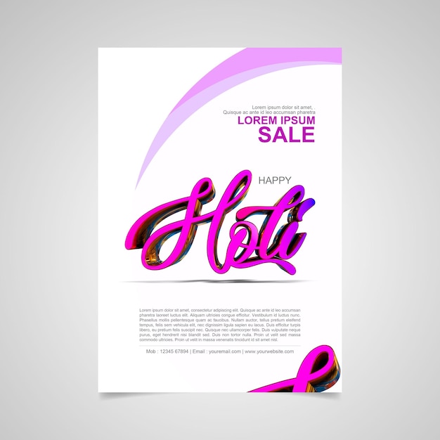 Holi festival 3d rendered A4 Flyer template in white background