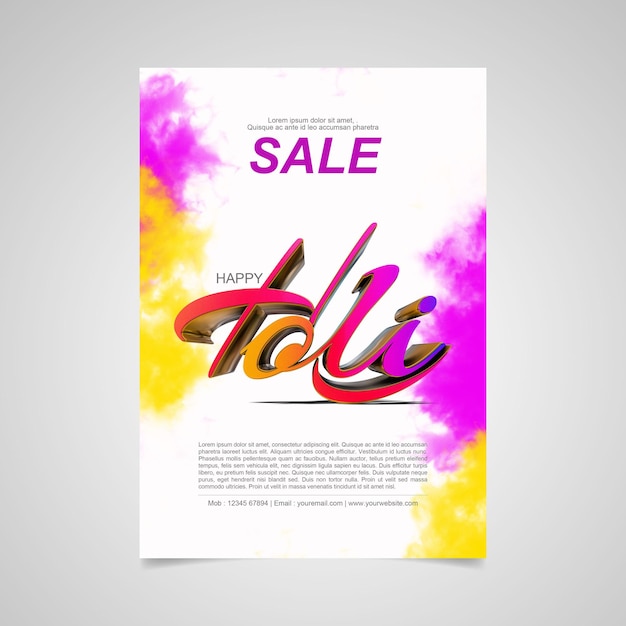 Holi festival 3d rendered holi text in A4 brochure concept