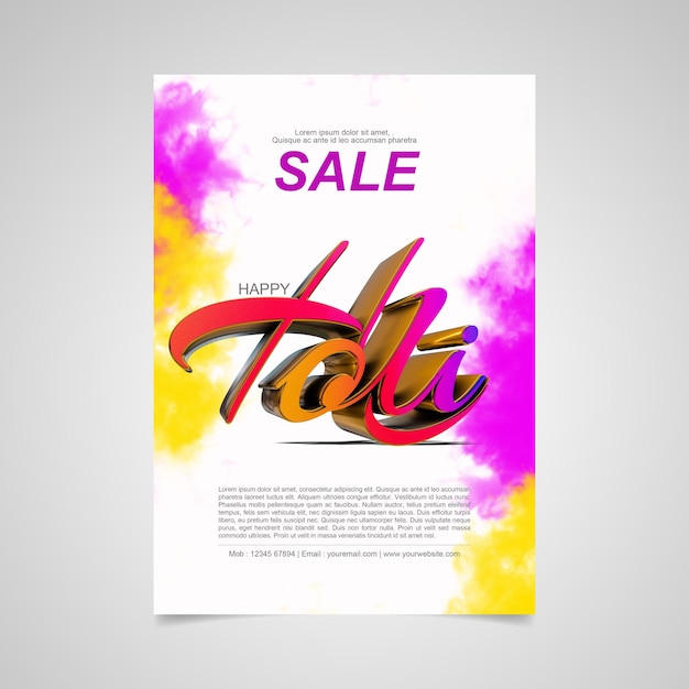 Holi festival 3d rendered holi text in A4 brochure concept